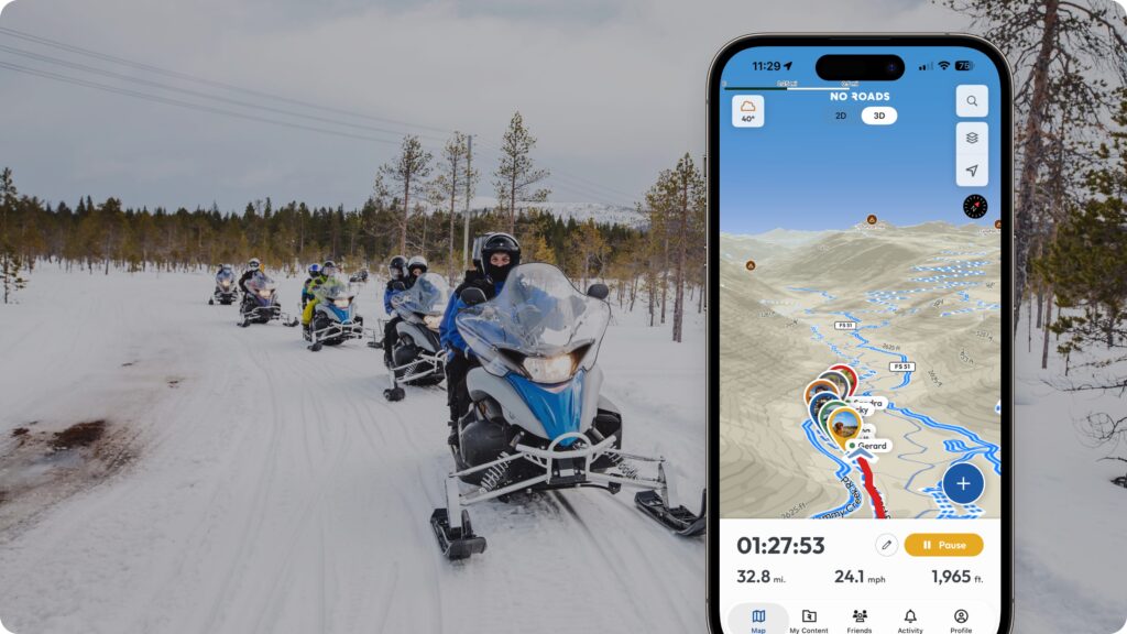 snowmobiles in a line with a screenshot of the No Roads app
