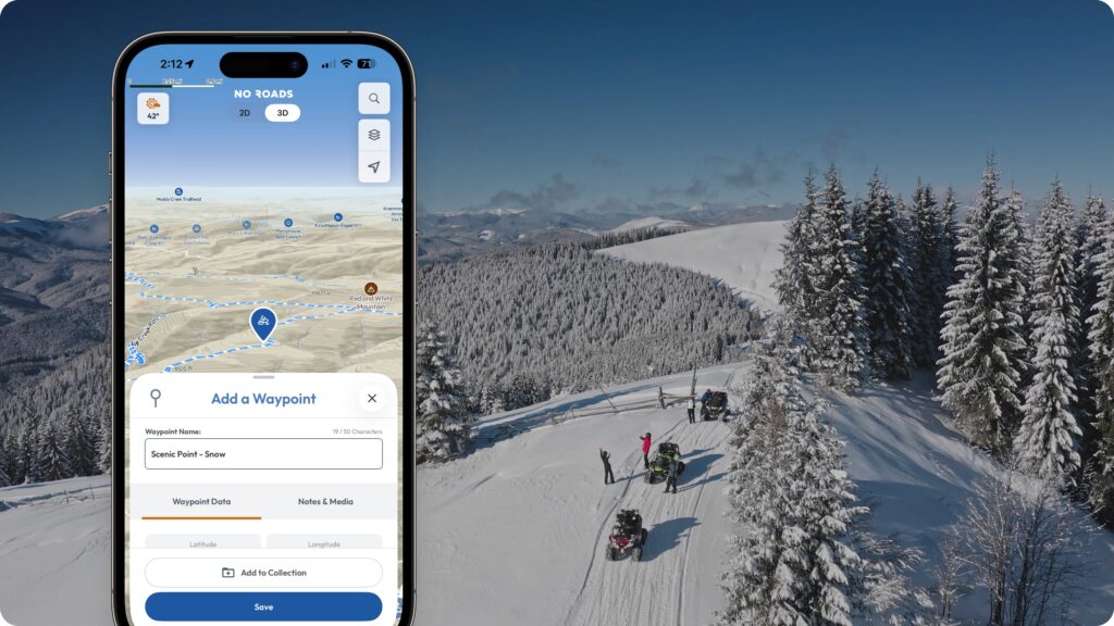 snowmobiles on a mountain peak and a screenshot of the No Roads app