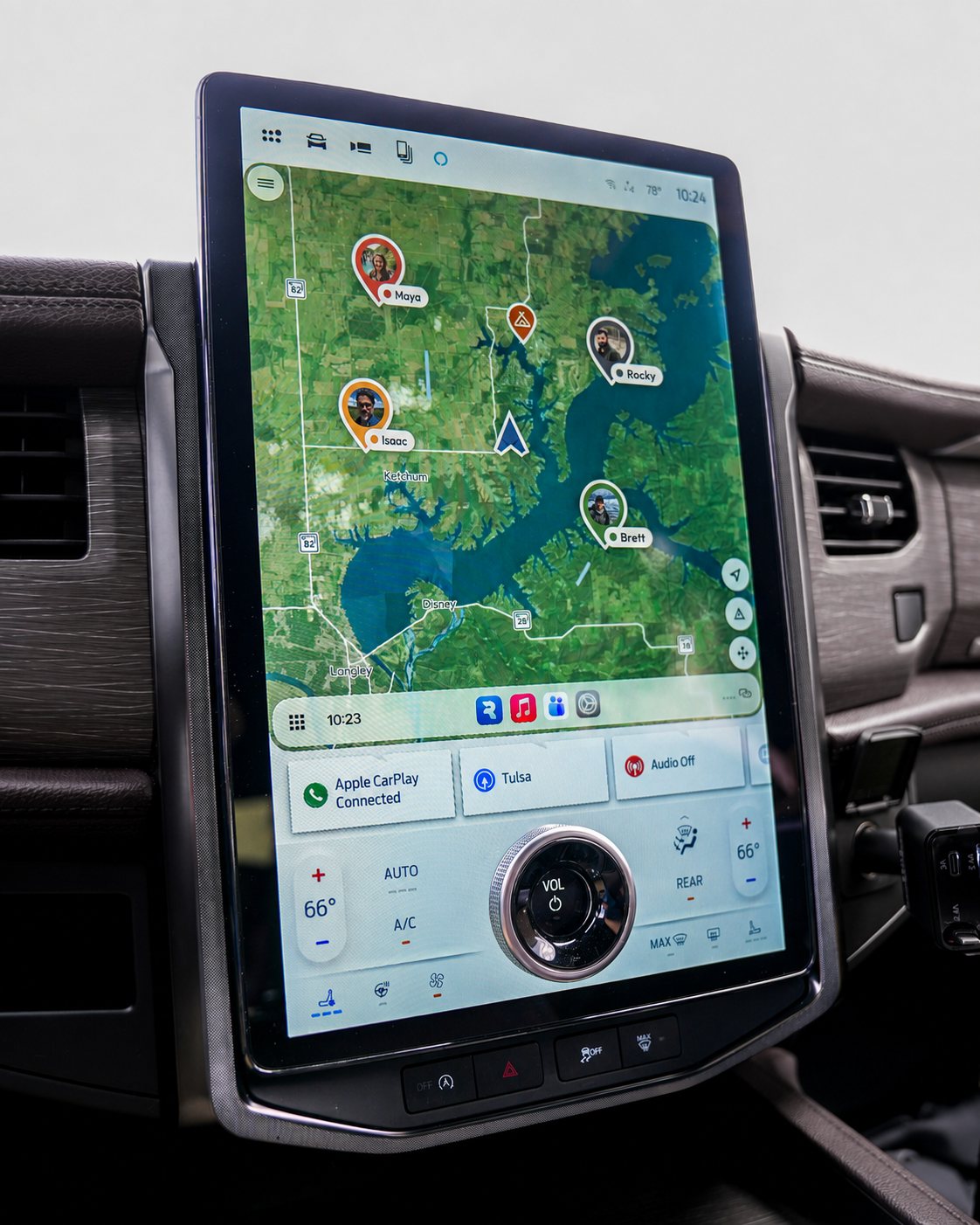 No Roads trail map on a large in-dash display in a truck