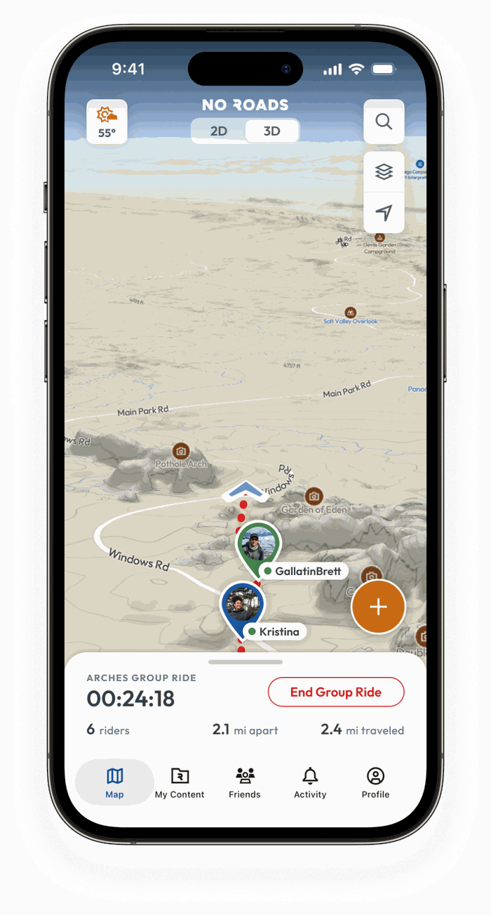 No Roads Group Ride showing friends on an off-road trail map