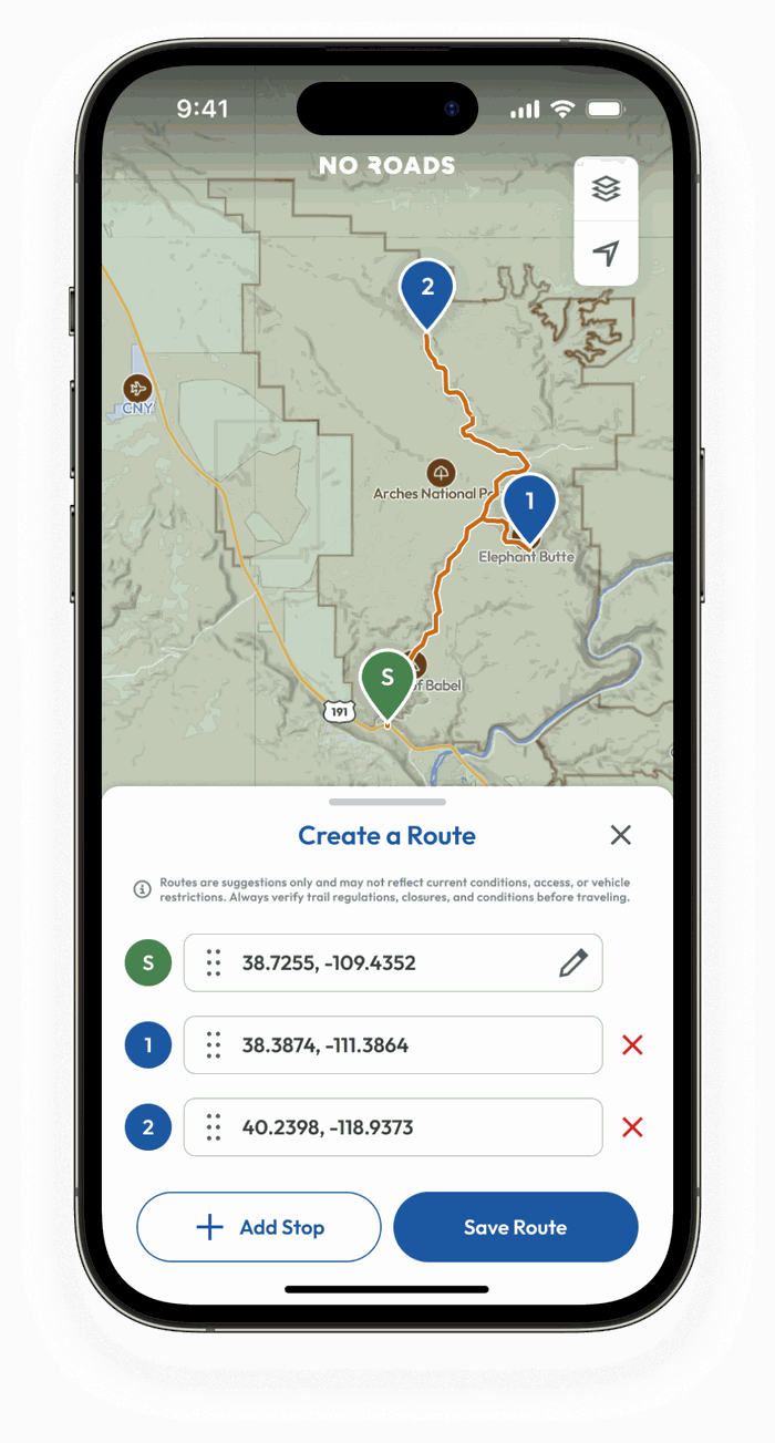 No Roads route planner with multiple stops on a trail map