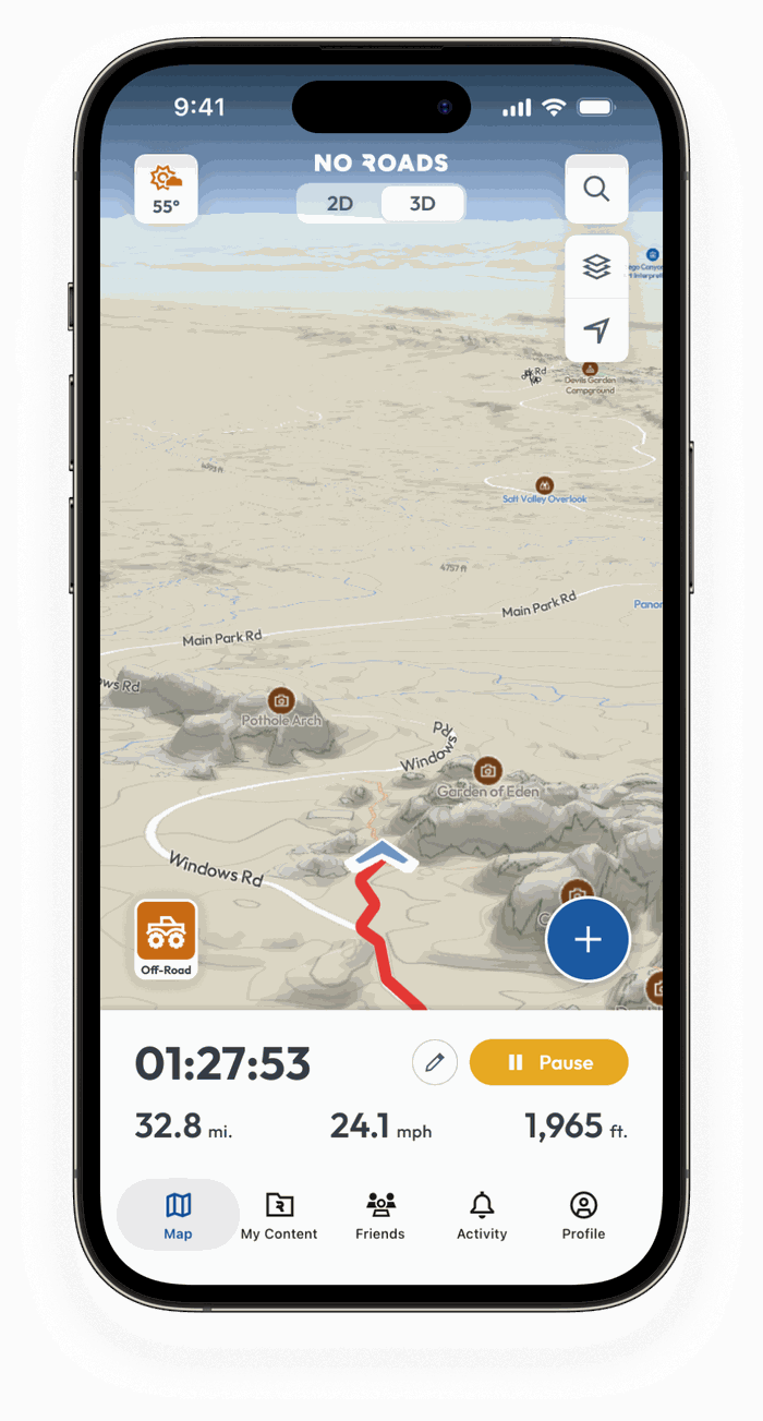 No Roads app recording a track on an off-road trail map