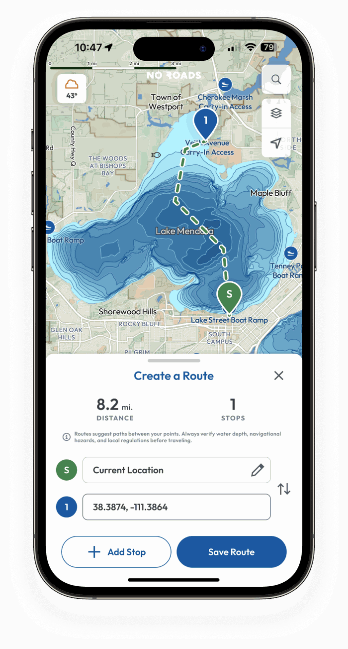 No Roads Waterway map with a planned route across a lake
