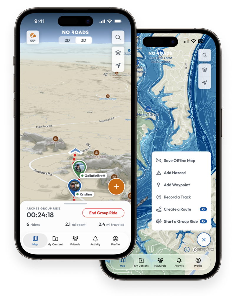 No Roads app on two phones showing an off-road trail map with recorded track details