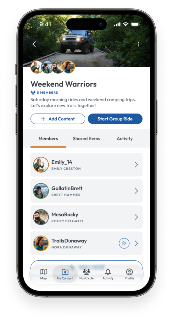 No Roads NavCircle Groups screen with group members and activity